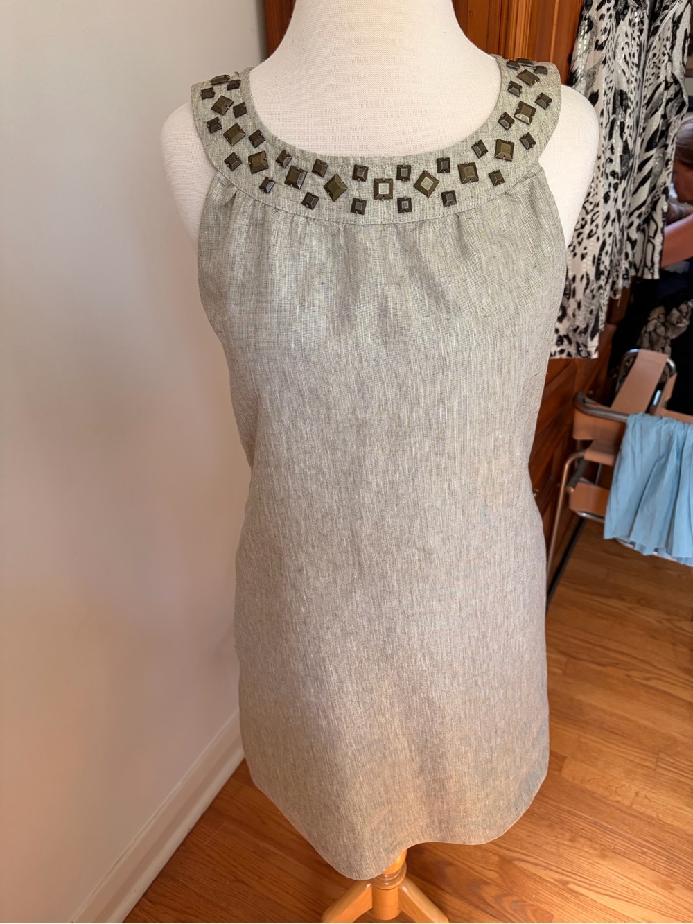 Tweeds Light Gray Sleeveless Embellished Neckline Shift Dress